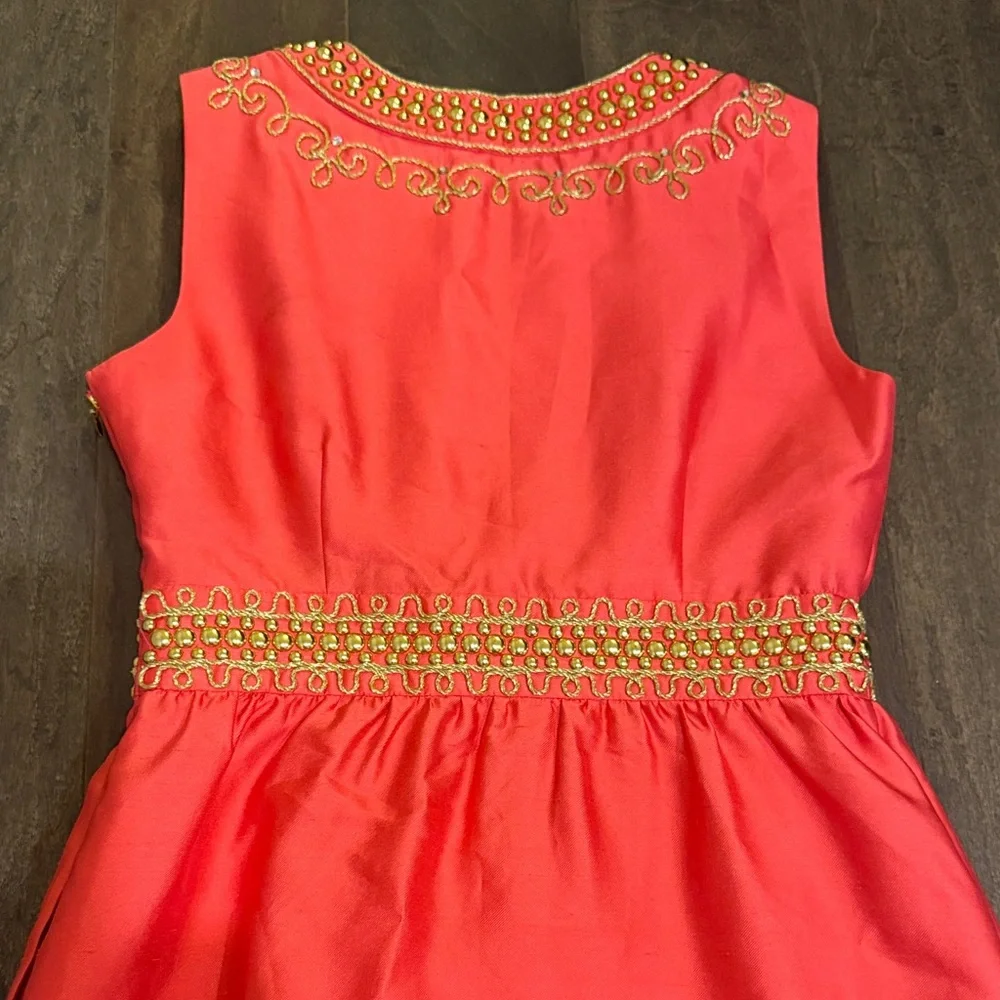 Kate Spade Annette Silk Dress Size 0 Coral Gold Beaded Embroidered Cocktail